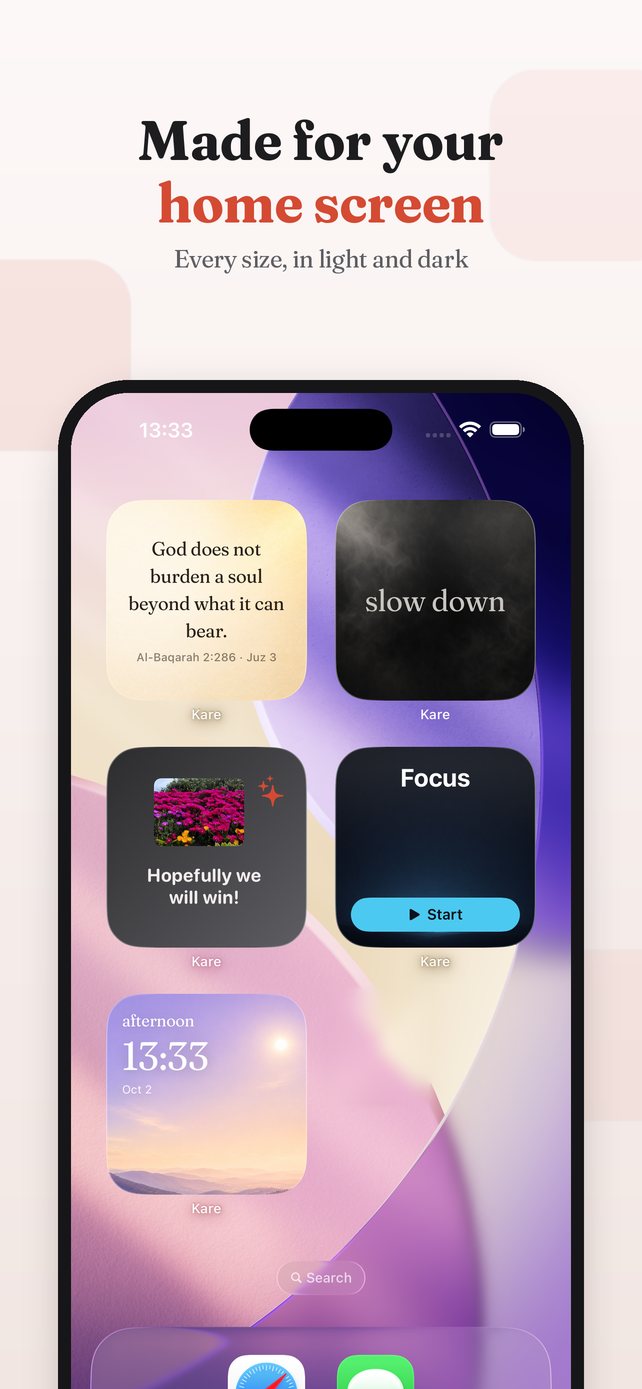 An iPhone home screen filled with Kare widgets